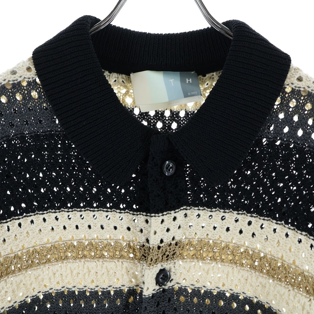 KITH(キス) 23SS Thompson Crochet トンプソン クロシェ 半袖 ニットカーディガン ブラック/ベージュ 23-051-060-0011-2-0