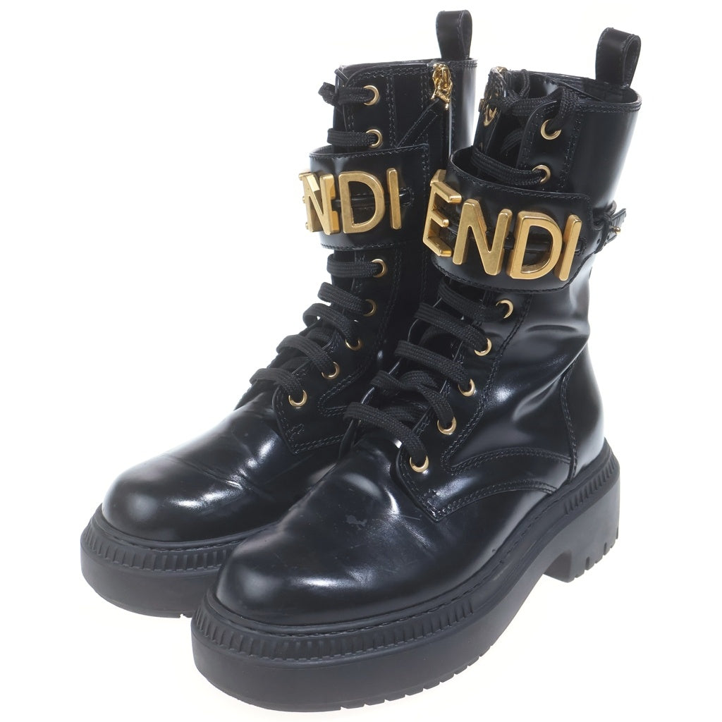 FENDI(フェンディ) ロゴプレート サイドジップ レースアップ レザーバイカーブーツ ブラック レディース 36 1/2