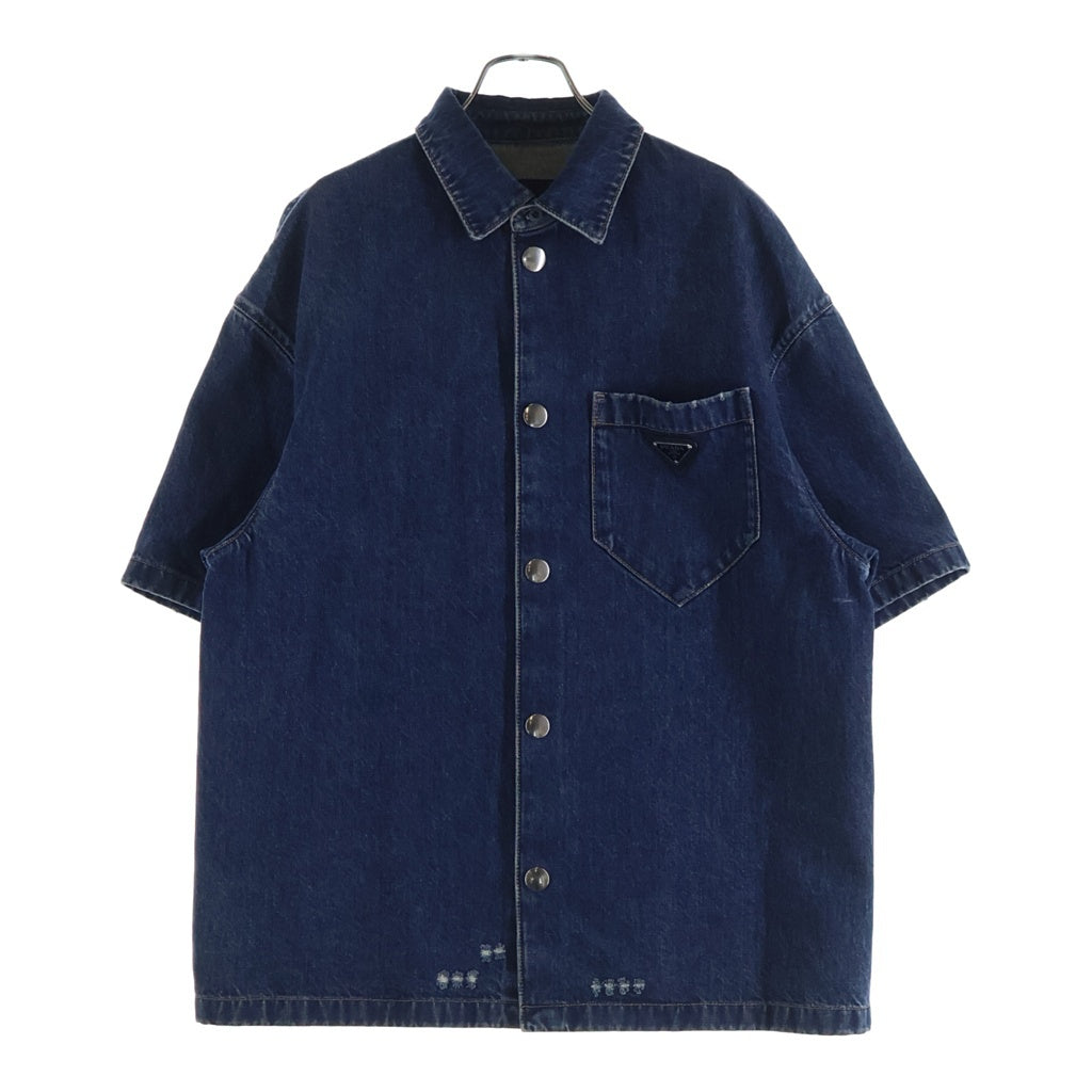 PRADA(プラダ) トライアングルロゴプレート ダメージ加工 デニム 半袖シャツ インディゴ GEC067 S212 10GG