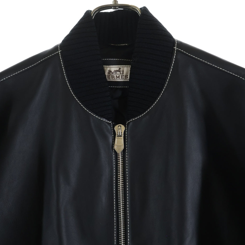HERMES(エルメス) 26SS ブルゾン アンプラント ステッチ ヴォー スポール ジップアップ レザー ボンバージャケット ブラック