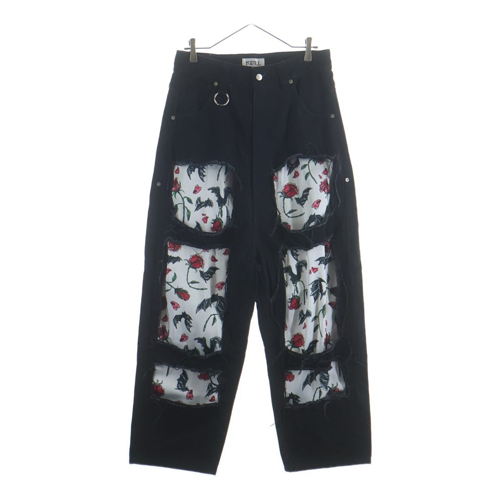 KIDILL(キディル) BUT ROSE DENIM PANTS バット ローズ クラッシュ デニムパンツ ブラック KL431