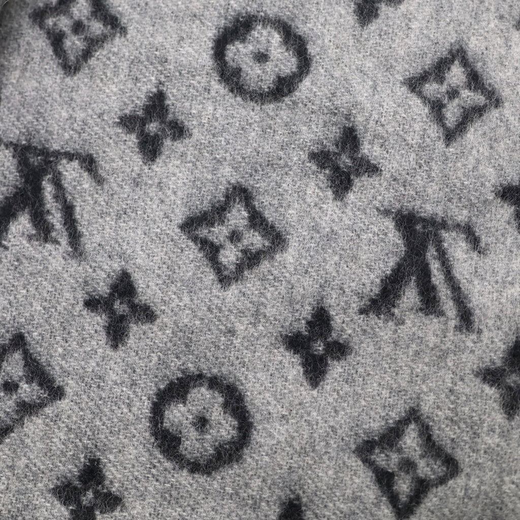 LOUIS VUITTON(ルイヴィトン) モノグラム ロゴ刺繍 LV ビーズ装飾 カシミヤ フリンジ ストール ショール マフラー ブラック/グレー MP2328