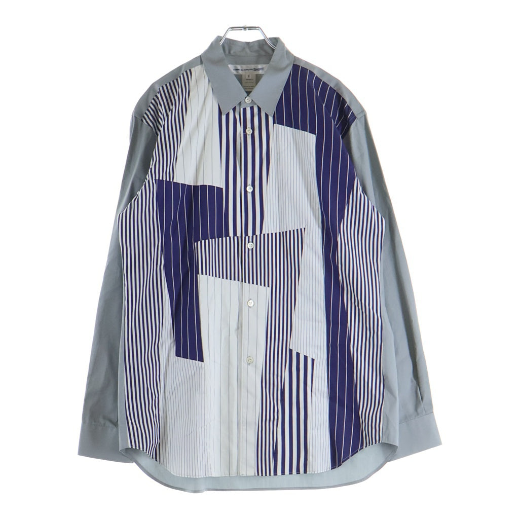 COMME des GARCONS SHIRT(コムデギャルソンシャツ) ストライプ パッチワーク 再構築 コットン 長袖シャツ ホワイト/グレー/ブルー S28056