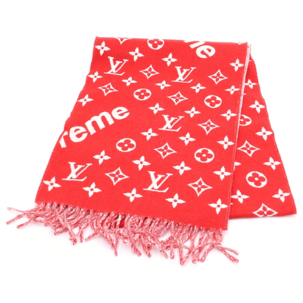 LOUIS VUITTON(ルイヴィトン) 17AW ×Supreme Monogram Scarf カシミヤ混 モノグラム 総柄 フリンジ マフラー ストール ショール スカーフ レッド MP1890