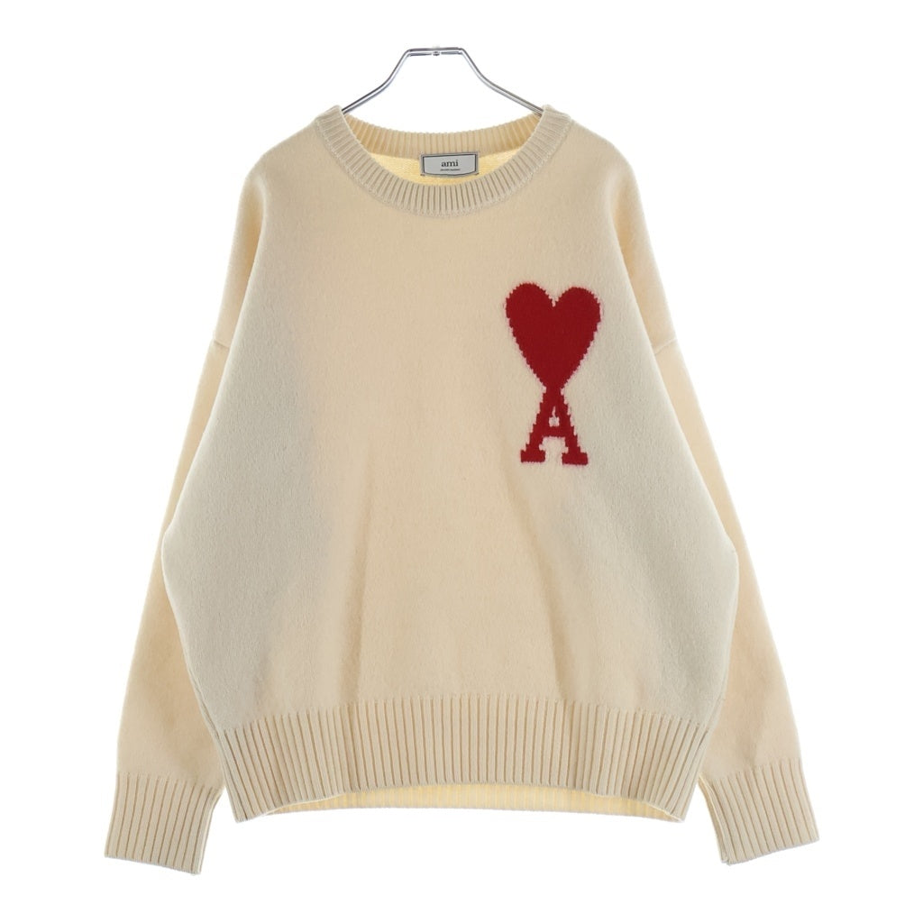 ami paris(アミパリス) HEART LOGO KNIT ロゴデザイン ウール クルーネック ニット セーター ホワイト H20HK009.018