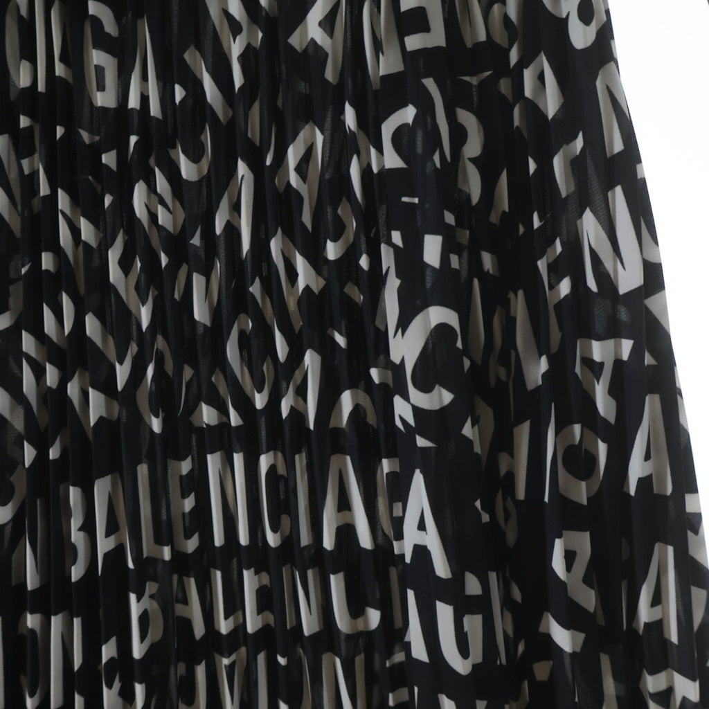BALENCIAGA(バレンシアガ) オールオーバーロゴプリント ドローストリング プリーツ ミディアムスカート ブラック レディース 704365 TML20