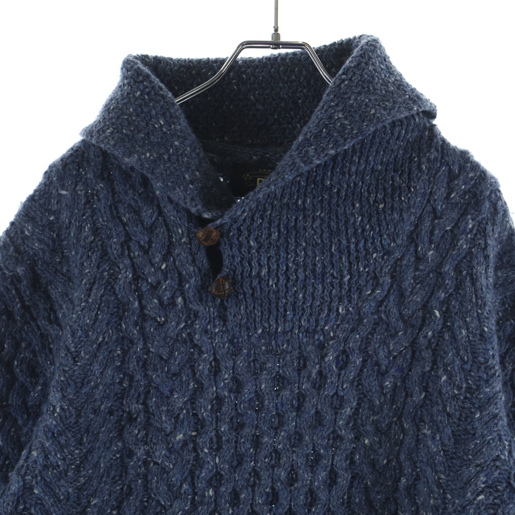 RRL(ダブルアールエル) ハンドニット フーデッド レザーボタン ウールセーター ブルー