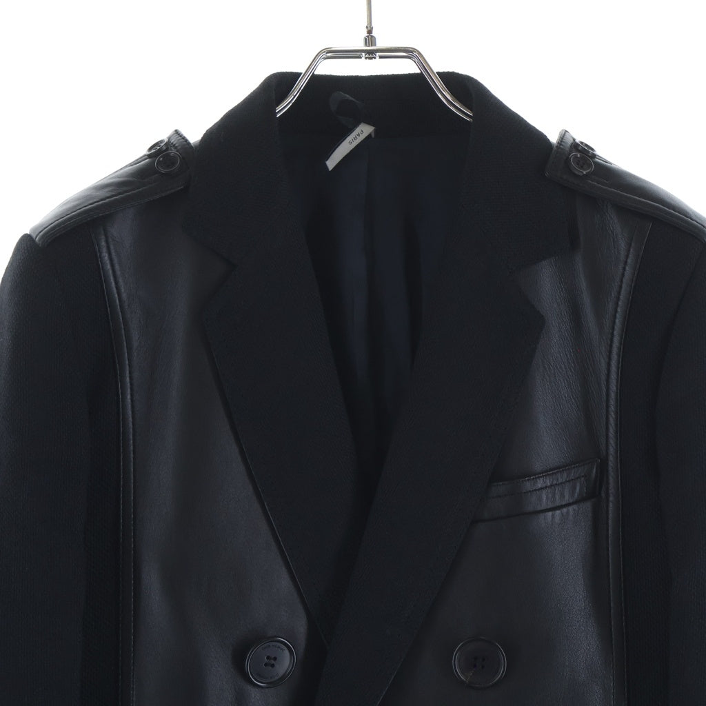 Dior HOMME(ディオールオム) 07AW エディ期 ラムレザー パネル切替 ウール ピーコート ダブルジャケット ブラック 7H3141290318