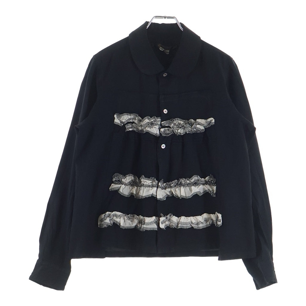 COMME des GARCONS(コムデギャルソン) フリル装飾 シャーリング 丸襟 ラウンドカラー 長袖シャツ ブラック レディース