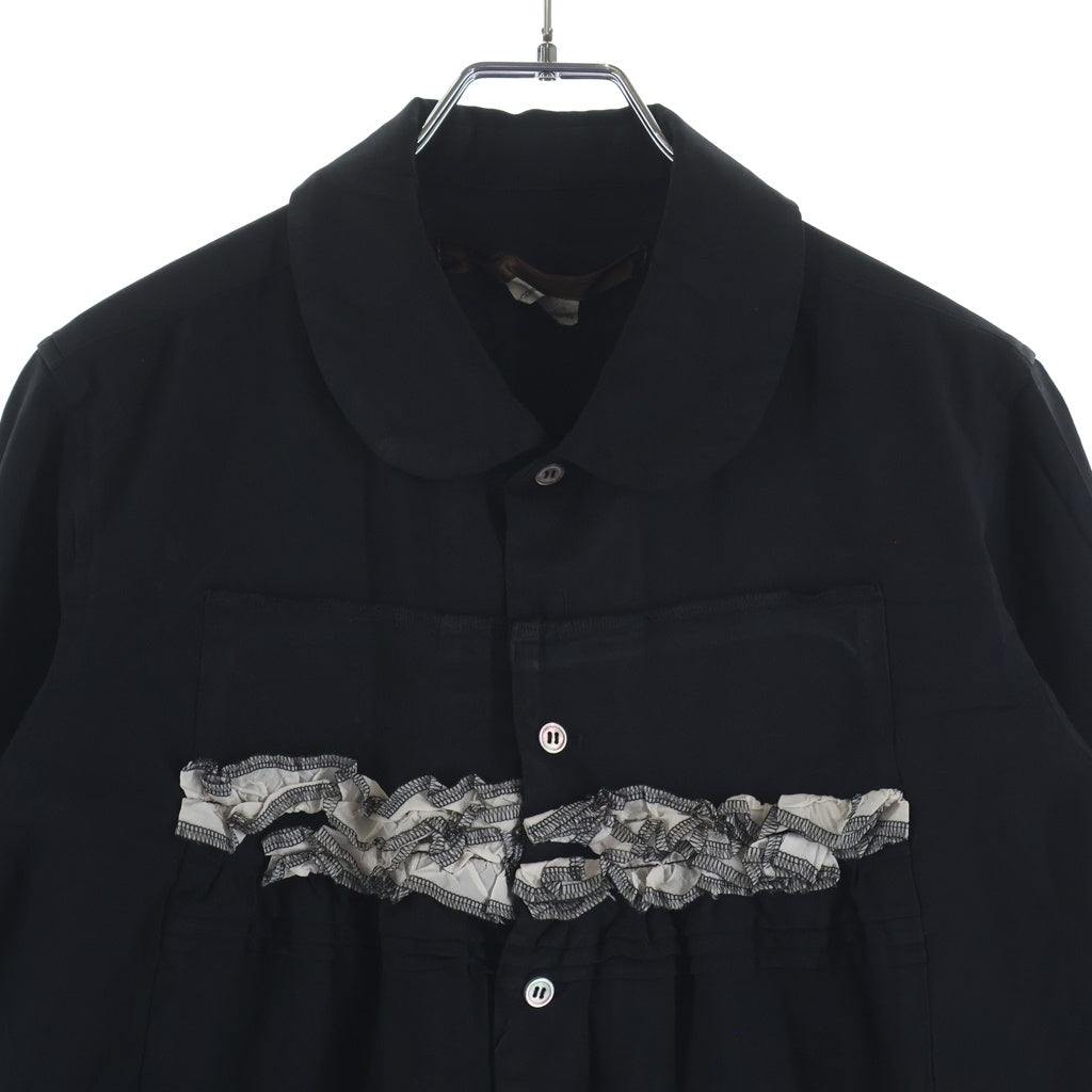 COMME des GARCONS(コムデギャルソン) フリル装飾 シャーリング 丸襟 ラウンドカラー 長袖シャツ ブラック レディース