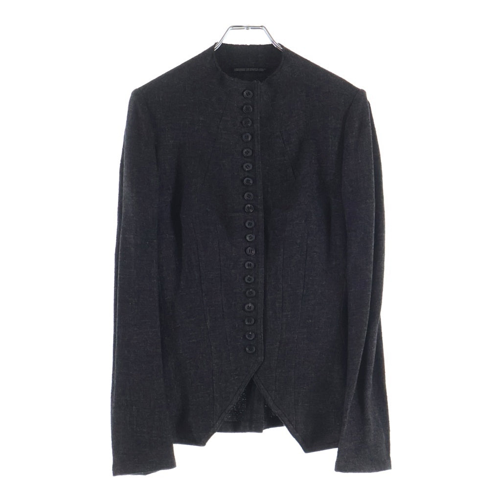 Yohji Yamamoto(ヨウジヤマモト) 90S VINTAGE ウールリネンギャバジン 変形ノーカラー 多連ボタン ジャケット ブラウン レディース FY-J91-187