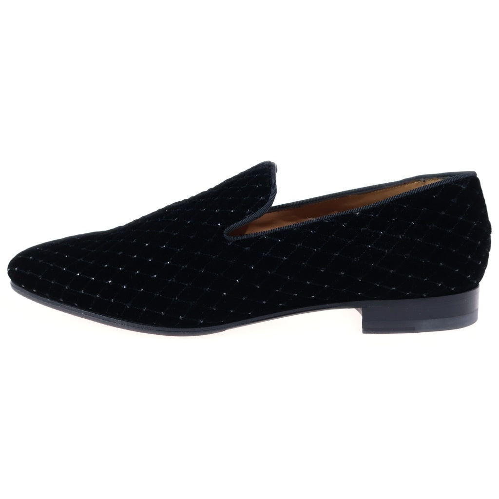 CHRISTIAN LOUBOUTIN(クリスチャンルブタン) ST ORDRE FLAT VELVET キルティング ラインストーン スリッポン ベルベット ローファー ネイビー 1170287