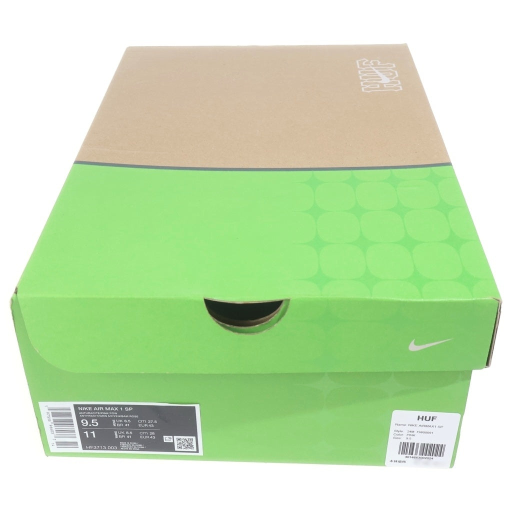 NIKE(ナイキ) ×HUF AIR MAX 1 ANTHRACITE PINK POW ハフ エアマックス1 アンスラサイト ピンクパウ ローカットスニーカー グレー/ピンク US9.5/27.5cm HF3713-003