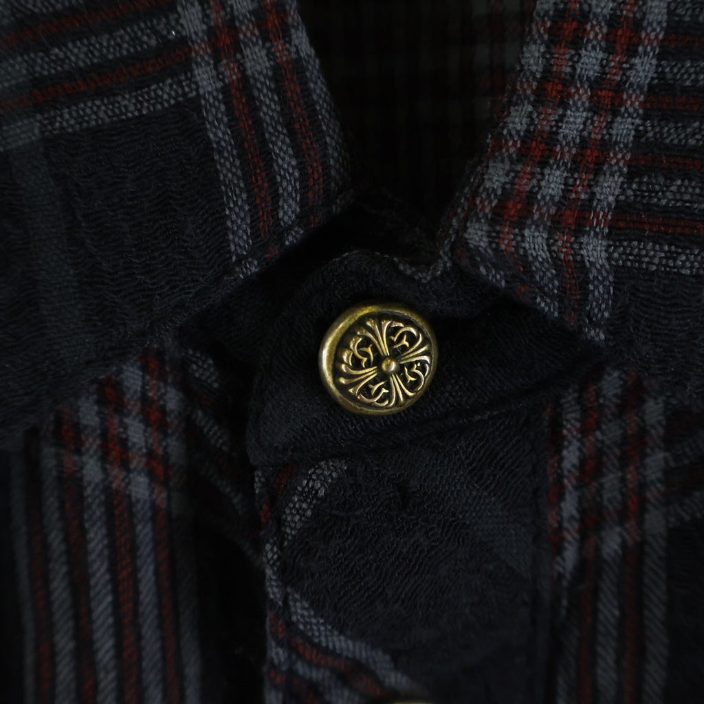 CHROME HEARTS(クロムハーツ) WESTN ウエスタン フローラルクロスボタン レザークロスパッチ ガーゼ 総柄チェック ロングスリーブ 長袖シャツ ブラック/レッド