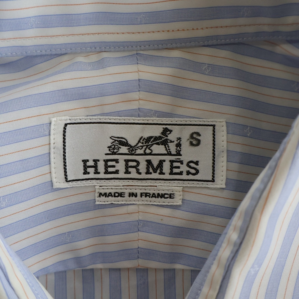 HERMES(エルメス) スモールH総柄 ストライプデザイン ワイドカラー ロングスリーブ 長袖 ドレスシャツ ホワイト/ブルー