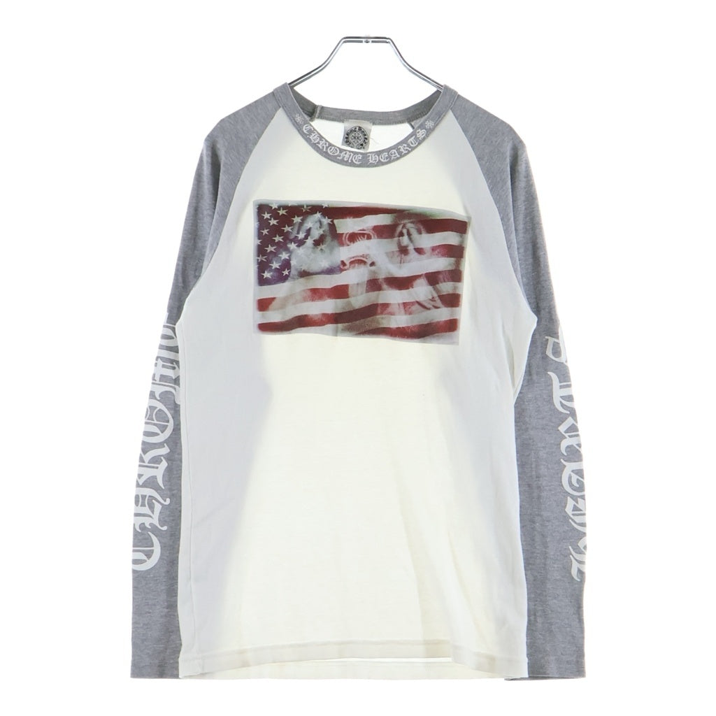 CHROME HEARTS(クロムハーツ) OLD 星条旗 ネックロゴデザイン ラグランスリーブ クルーネック ロングスリーブ 長袖Tシャツ カットソー ホワイト/グレー