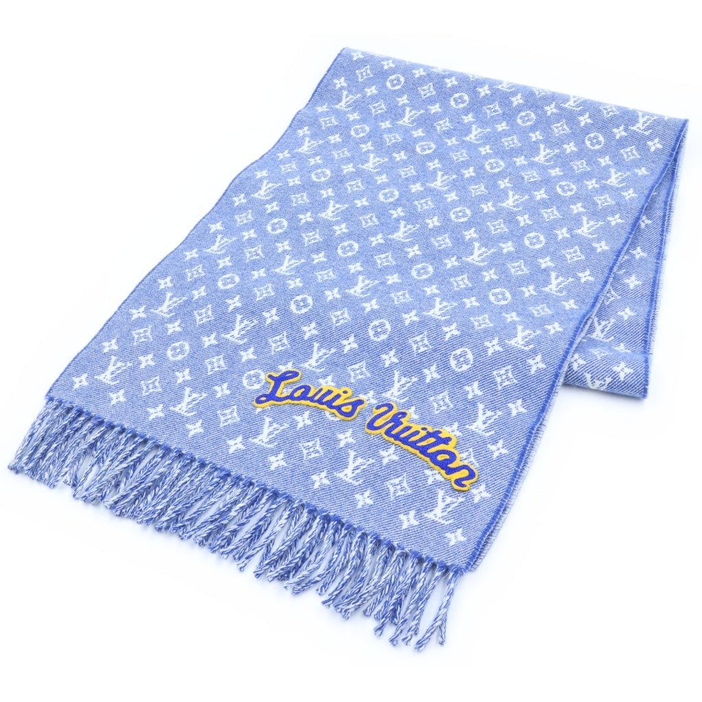 LOUIS VUITTON(ルイヴィトン) エシャルプ デニム エンベリッシュド モノグラム ワッペンロゴ フリンジ ウール カシミヤ マフラー ストール ブルー AB0198 M71356