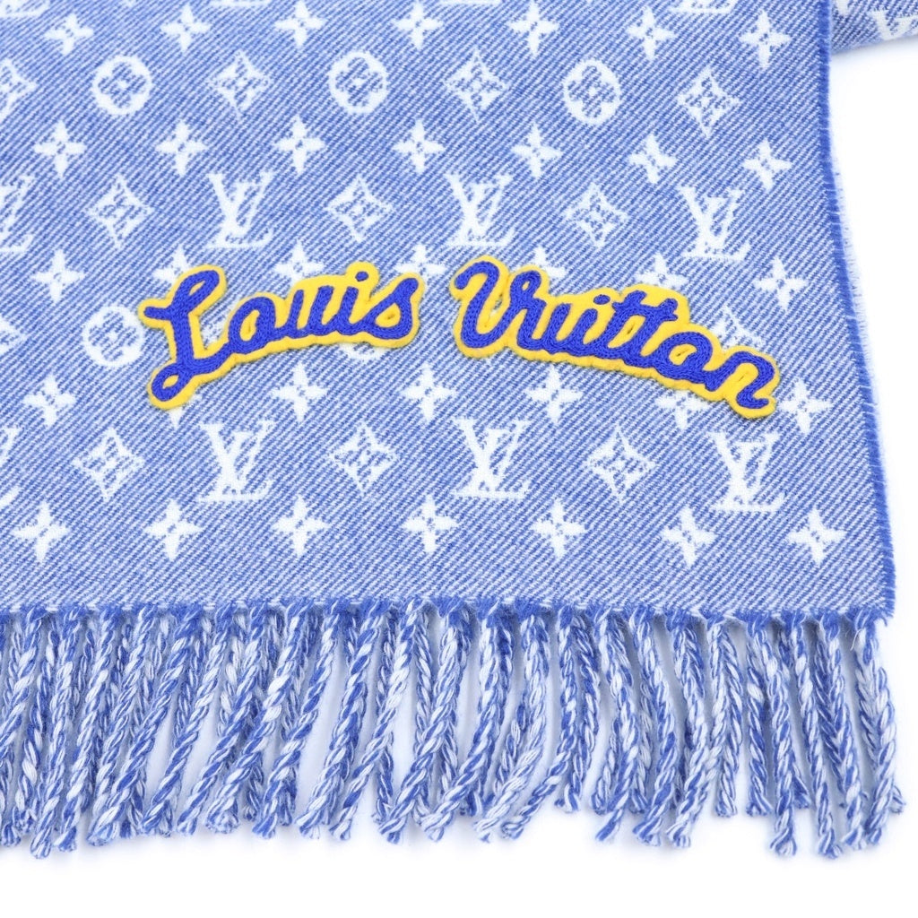 LOUIS VUITTON(ルイヴィトン) エシャルプ デニム エンベリッシュド モノグラム ワッペンロゴ フリンジ ウール カシミヤ マフラー ストール ブルー AB0198 M71356