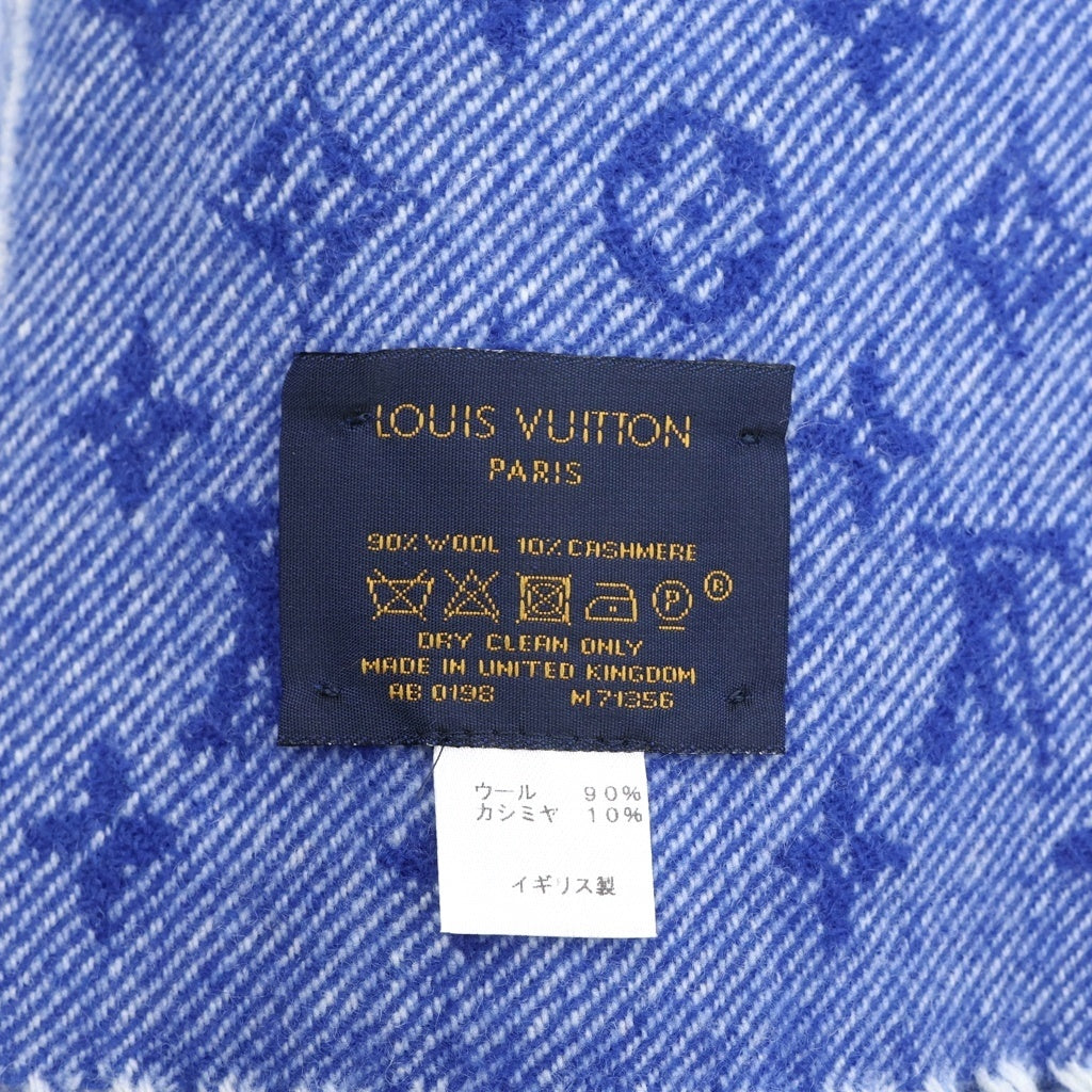 LOUIS VUITTON(ルイヴィトン) エシャルプ デニム エンベリッシュド モノグラム ワッペンロゴ フリンジ ウール カシミヤ マフラー ストール ブルー AB0198 M71356
