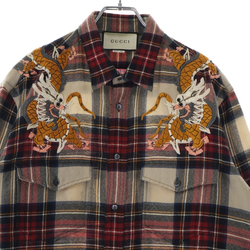 GUCCI(グッチ) 17AW ドラゴン刺繍 ウール チェック 長袖シャツ マルチ 478176 Z520F