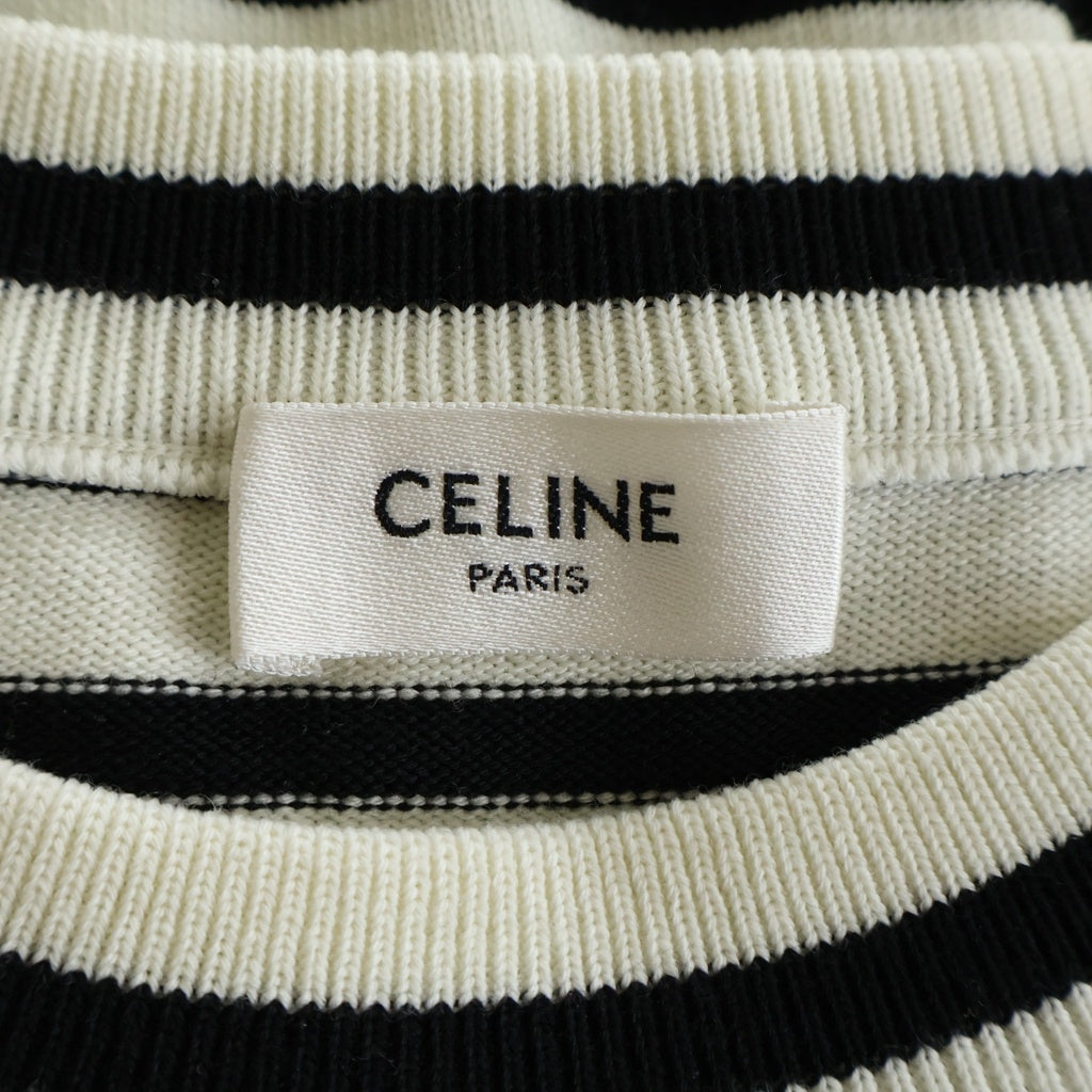 CELINE(セリーヌ) ボーダーデザイン トリオンフ クルーネック マリニエール ウール ニット セーター レディース ホワイト/ブラック RY05L0ZP0 60EB
