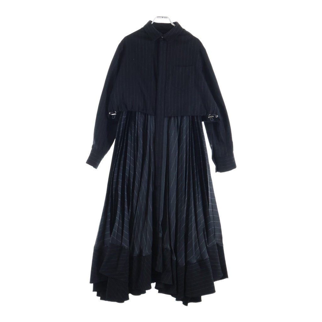 Sacai(サカイ) 23AW ストライプ ナイロン スカート ドッキング 長袖シャツジャケット ドレス ブラック レディース 23-06985