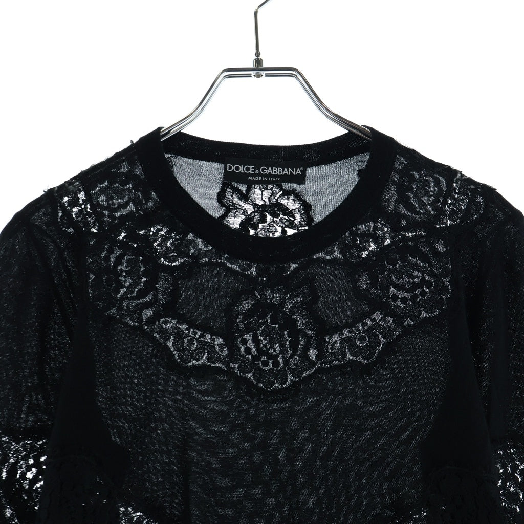 DOLCE & GABBANA(ドルチェアンドガッバーナ) フラワーレース ドッキングデザイン クルーネック ニット セーター ブラック KR FXJ31T/JEMO7 A レディース
