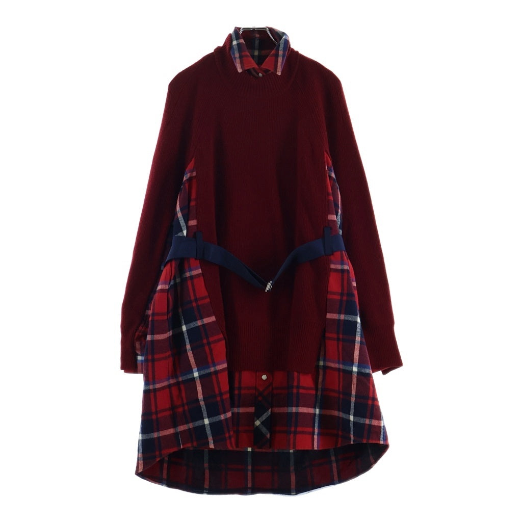 Sacai(サカイ) チェックシャツ ニット切替 ドッキングデザイン プルオーバー ワンピース レッド 17-03461 レディース