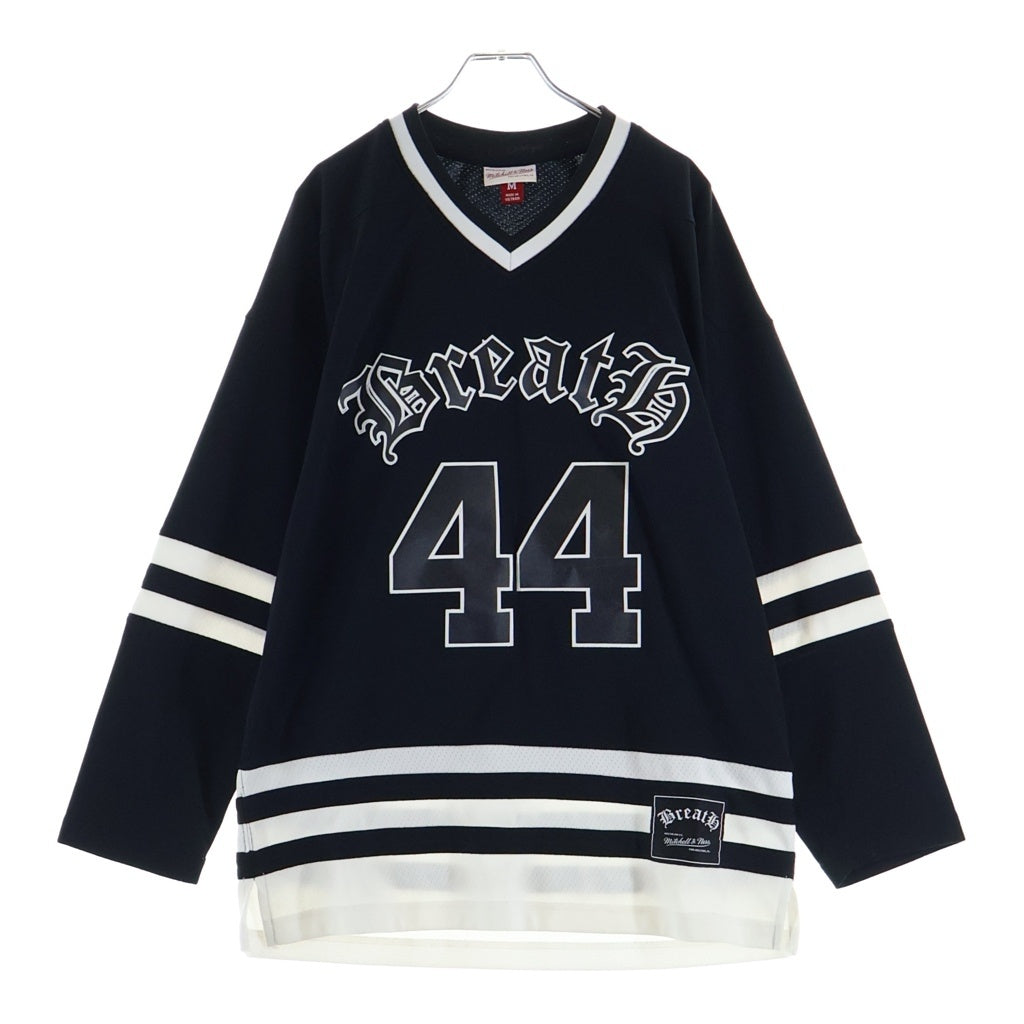 Mitchell&Ness(ミッチェル アンド ネス) ×BREATH HOCKEY JERSEY ブレス ナンバリング ロゴ ホッケー ジャージー Vネック 長袖Tシャツ カットソー ブラック