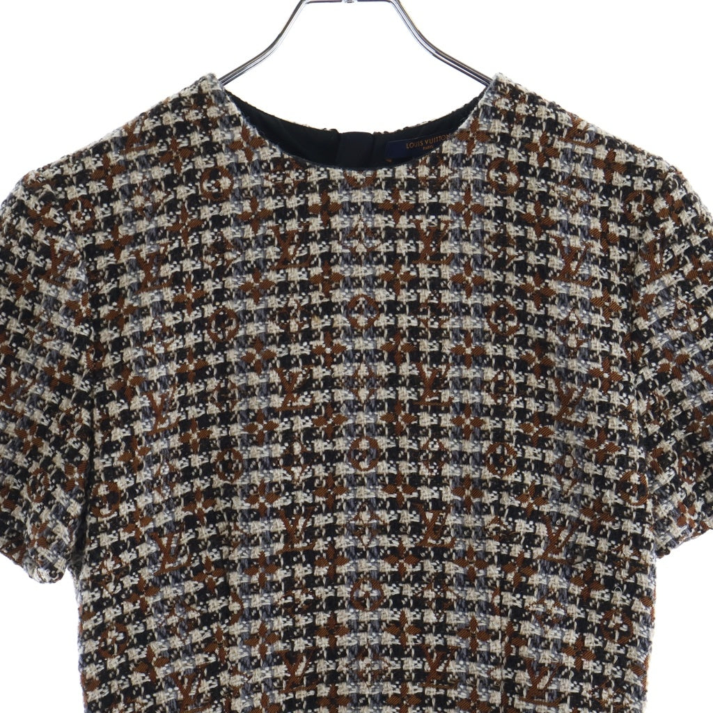 LOUIS VUITTON(ルイヴィトン) 22AW モノグラム総柄 ゴールドボタンベルトデザイン ツイード 半袖ワンピース レディース ブラウン RW222W JM9 FNDR50