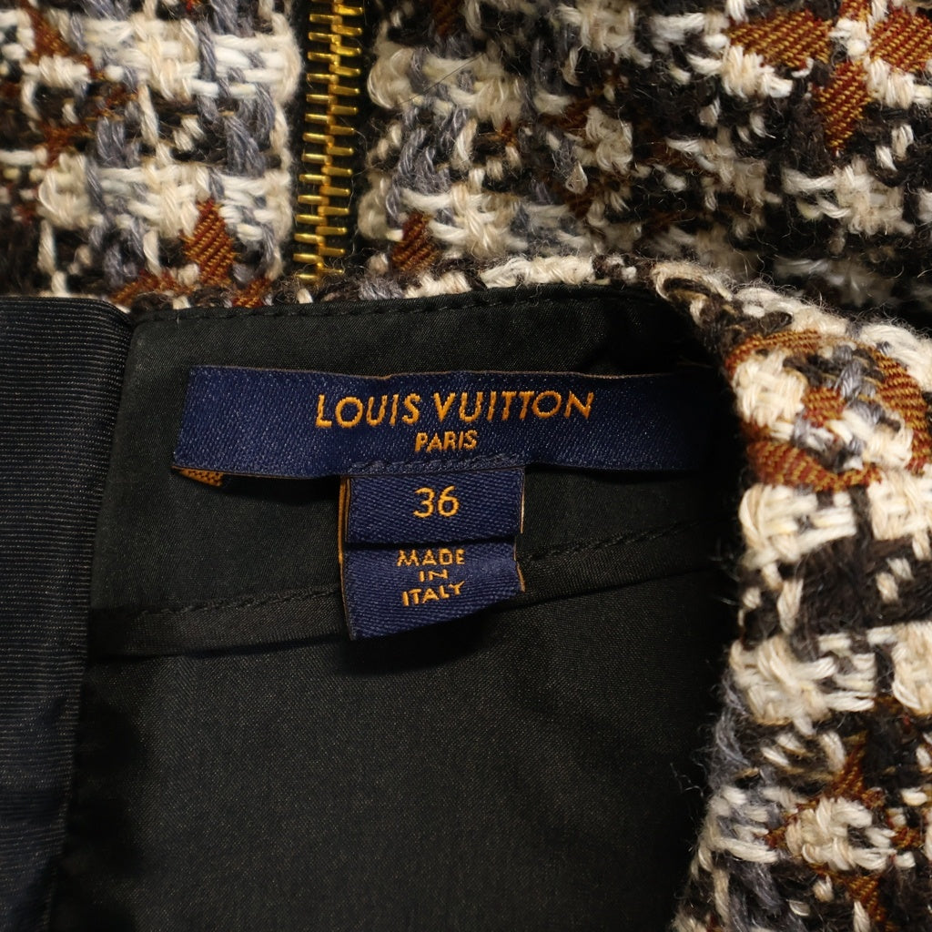 LOUIS VUITTON(ルイヴィトン) 22AW モノグラム総柄 ゴールドボタンベルトデザイン ツイード 半袖ワンピース レディース ブラウン RW222W JM9 FNDR50