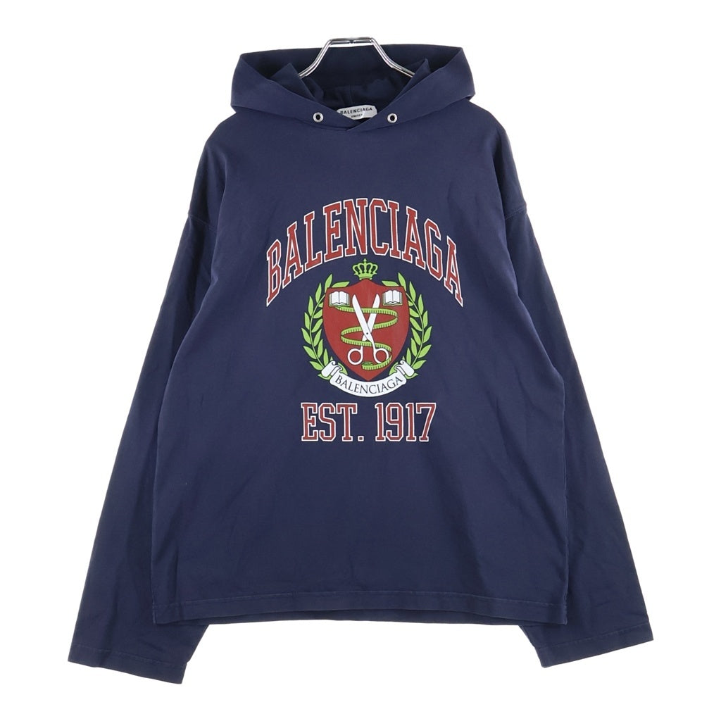 BALENCIAGA(バレンシアガ) カレッジロゴプリント コットン プルオーバーパーカー ネイビー 674679 TLV89