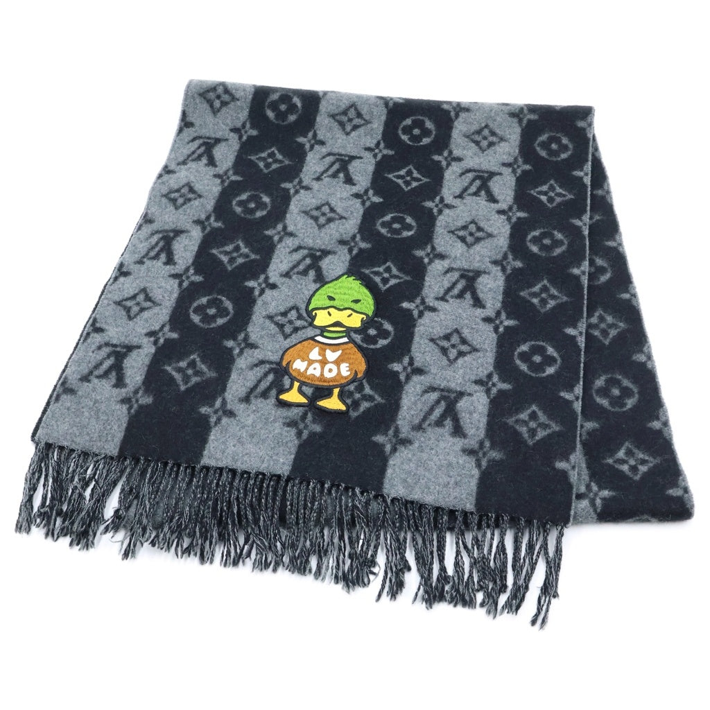 LOUIS VUITTON(ルイヴィトン) ×NIGO エシャルプ・LV MADE ストライプ モノグラム総柄 パッチデザイン 大判 ストール マフラー ブラック/グレー MP3256 レディース