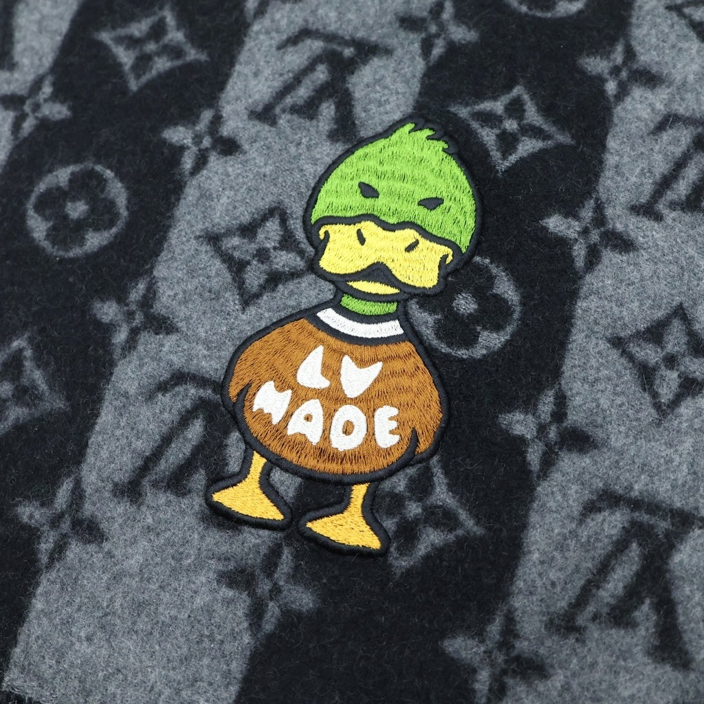 LOUIS VUITTON(ルイヴィトン) ×NIGO エシャルプ・LV MADE ストライプ モノグラム総柄 パッチデザイン 大判 ストール マフラー ブラック/グレー MP3256 レディース