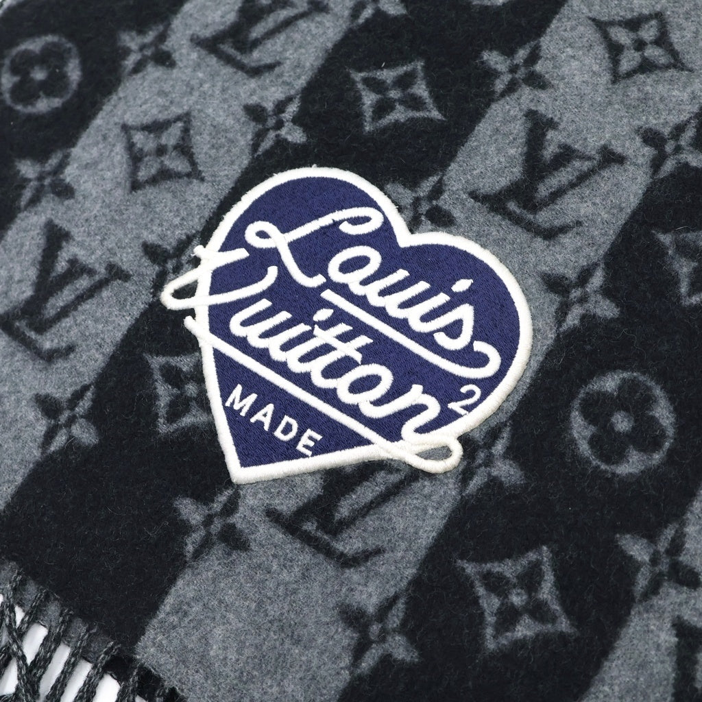 LOUIS VUITTON(ルイヴィトン) ×NIGO エシャルプ・LV MADE ストライプ モノグラム総柄 パッチデザイン 大判 ストール マフラー ブラック/グレー MP3256 レディース