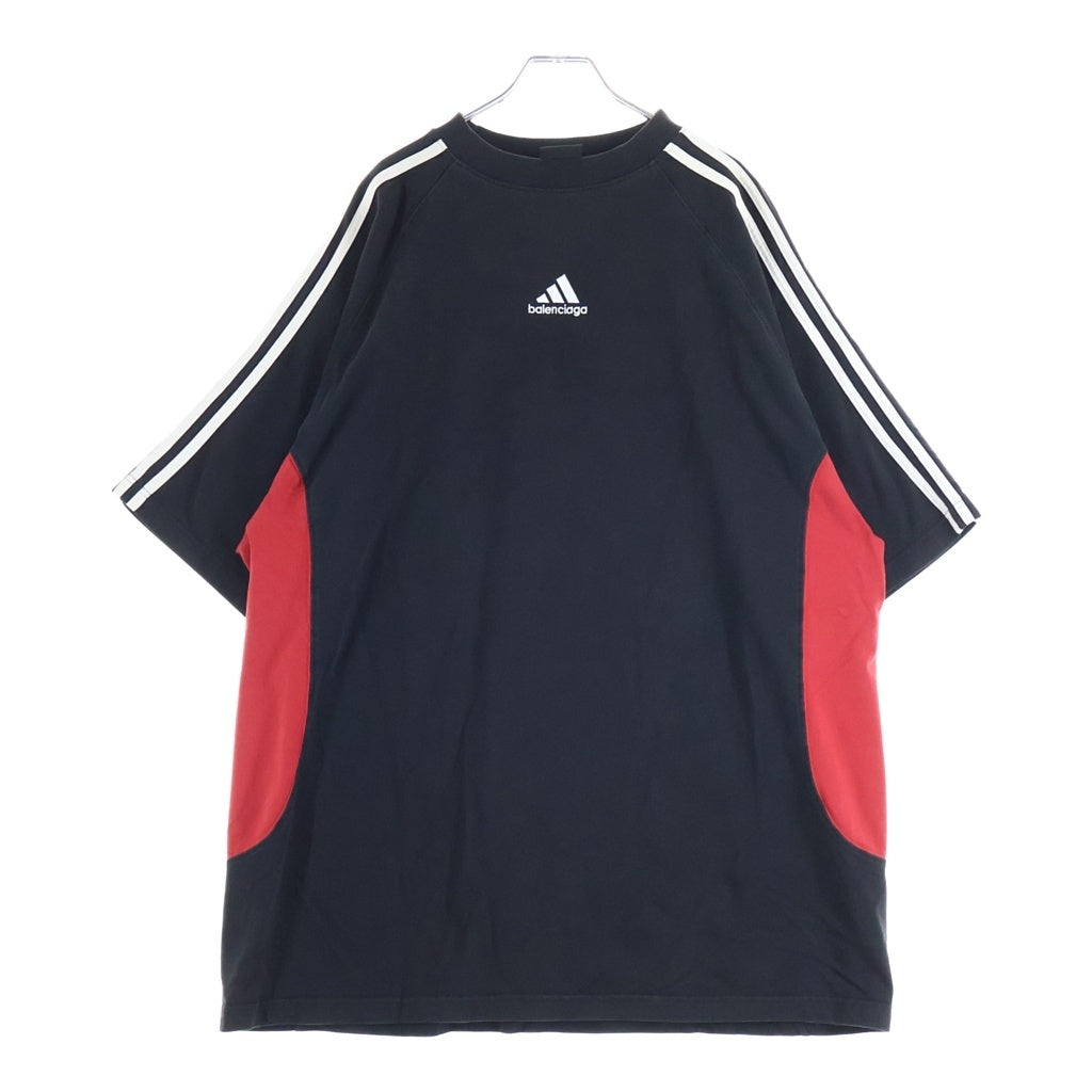 BALENCIAGA(バレンシアガ) 23SS ×adidas アディダス フロントロゴ刺繍 サイドライン コットン切替 半袖Tシャツ カットソー ブラック/レッド 712401 TNVA6