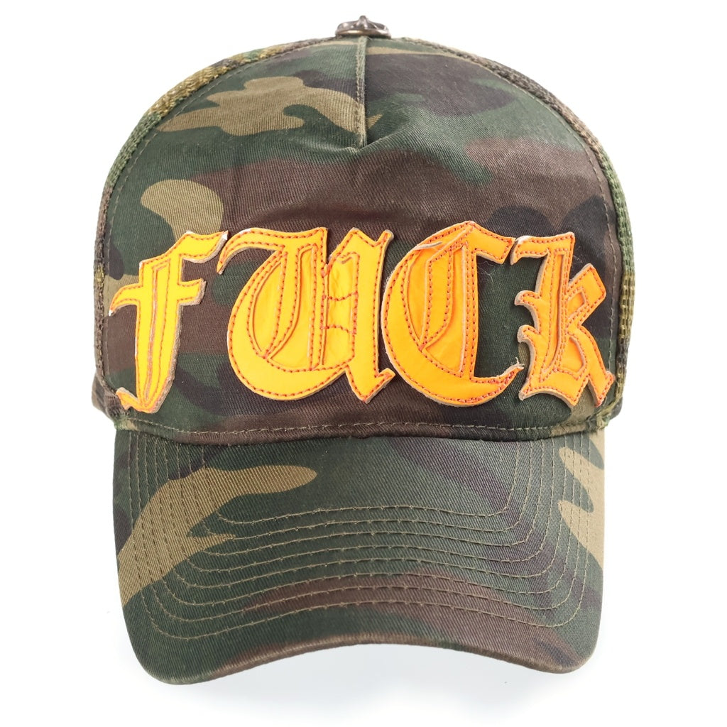CHROME HEARTS(クロムハーツ) OLD FUCK TRUCKER CAP オールド カモ柄 レザーパッチ クロスボール メッシュ トラッカーキャップ 帽子 カーキ