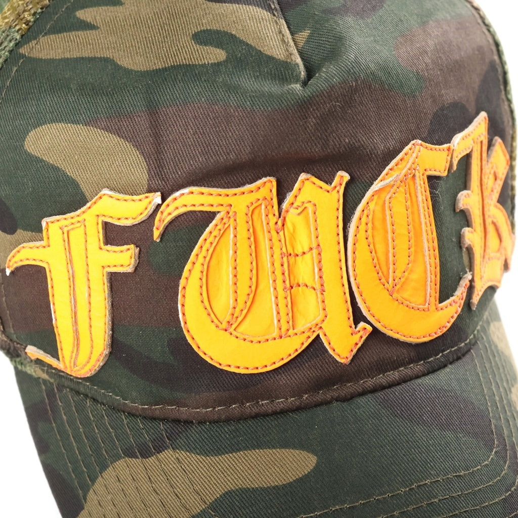 CHROME HEARTS(クロムハーツ) OLD FUCK TRUCKER CAP オールド カモ柄 レザーパッチ クロスボール メッシュ トラッカーキャップ 帽子 カーキ