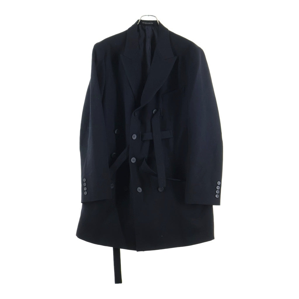Yohji Yamamoto POUR HOMME(ヨウジヤマモト プールオム) 23AW ARMY GABARDINE W-BELTED PANTSEAKED JACKET フラシベルト付 ダブルブレスト ピークジャケット ブラック HJ-J71-120