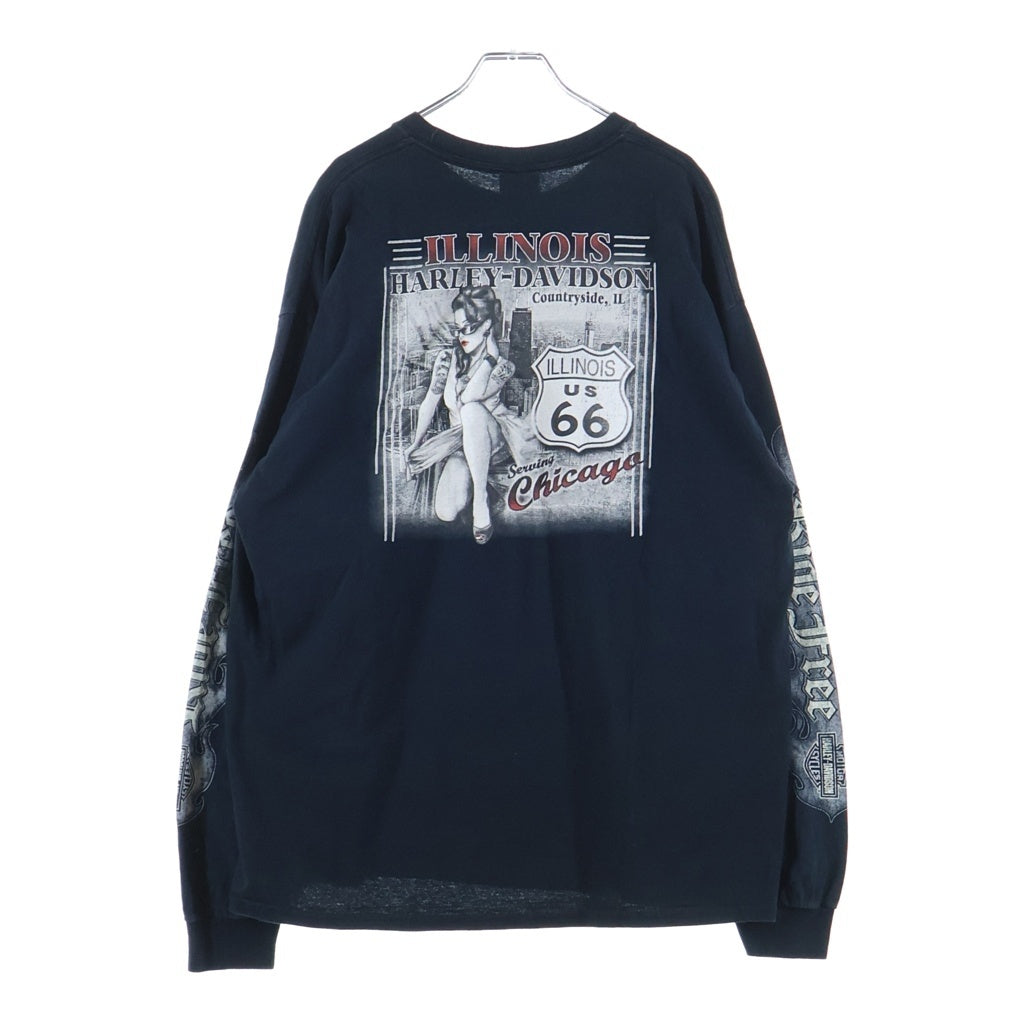 HARLEY DAVIDSON(ハーレーダビッドソン) イーグルロゴプリント バックピンナップガール 袖フレア 長袖Tシャツ カットソー ブラック