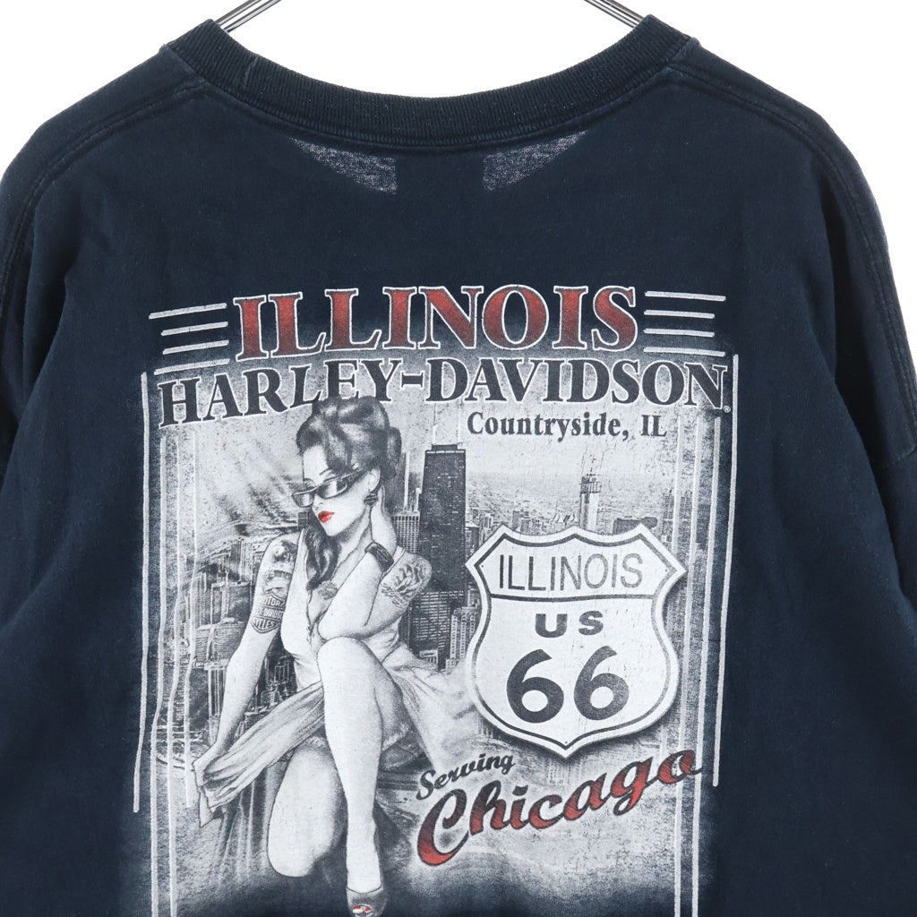 HARLEY DAVIDSON(ハーレーダビッドソン) イーグルロゴプリント バックピンナップガール 袖フレア 長袖Tシャツ カットソー ブラック