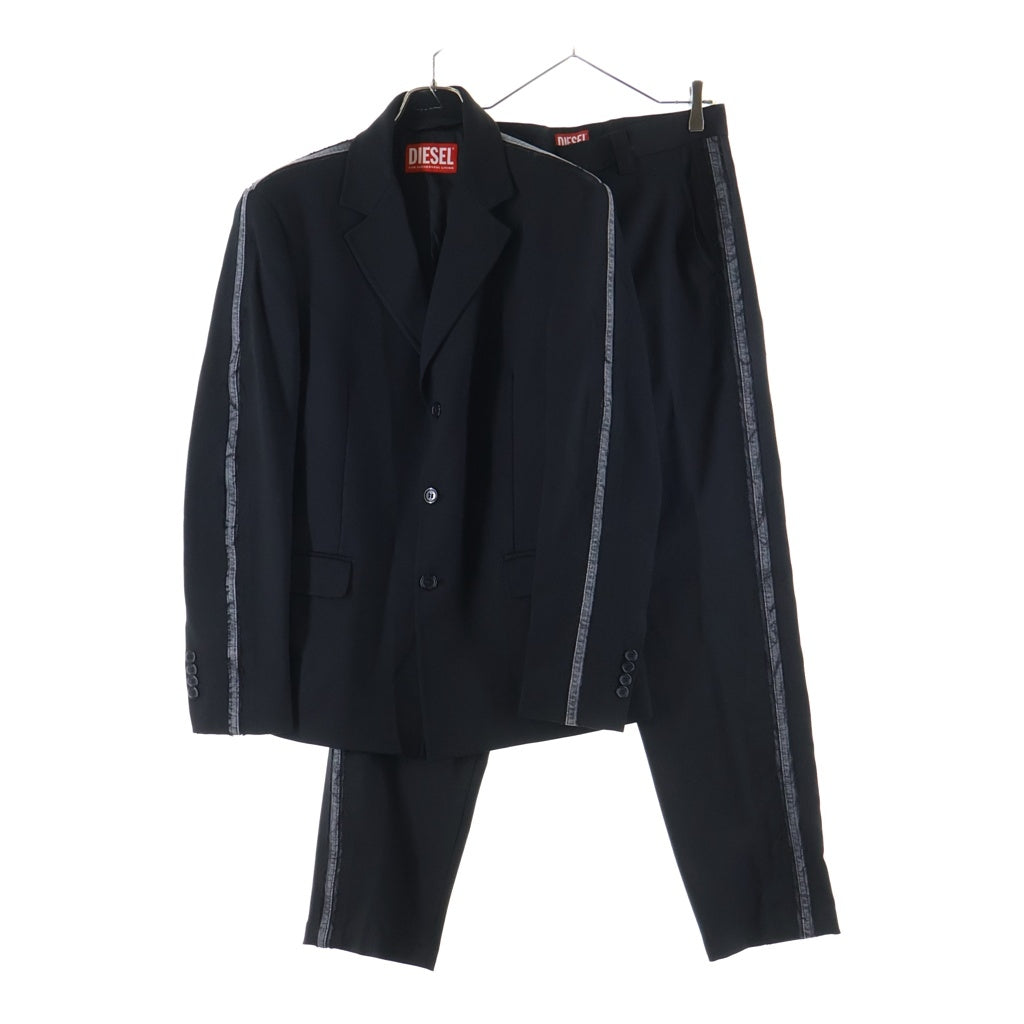 DIESEL(ディーゼル) 23AW J-HIVO ヴァージンウール サイドデニムライン デザイン シングルテーラードジャケット/スラックスロングパンツ セットアップスーツ ブラック A10415