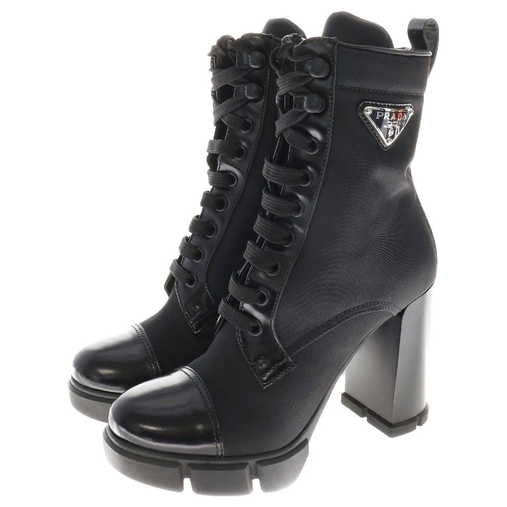 PRADA(プラダ) Re Nylon トライアングルロゴプレート レースアップ サイドジップ レザー ブーツ レディース 1T427M