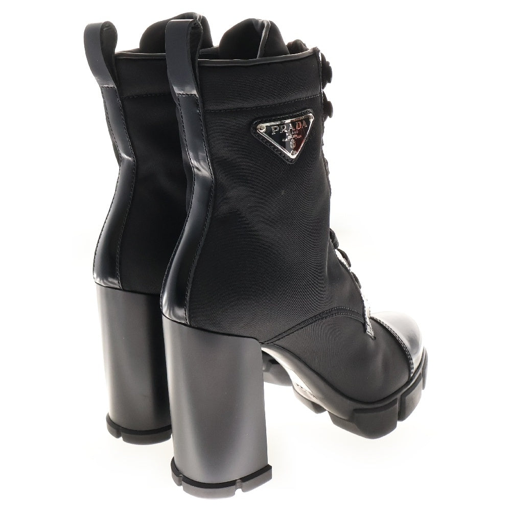 PRADA(プラダ) Re Nylon トライアングルロゴプレート レースアップ サイドジップ レザー ブーツ レディース 1T427M