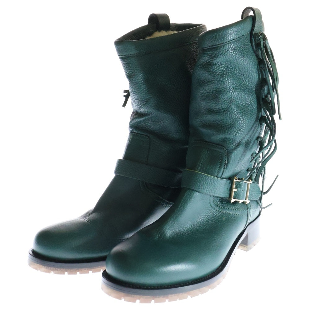 VALENTINO(ヴァレンティノ) ムートンブーツ シューズ レースアップ レザー グリーン ゴールド金具 39 レディース