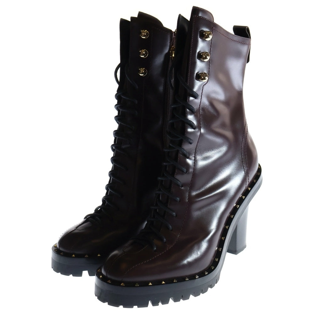 VALENTINO(ヴァレンティノ) スタッズ付レースアップロングヒールブーツ レザーシューズ ブラウン レディース