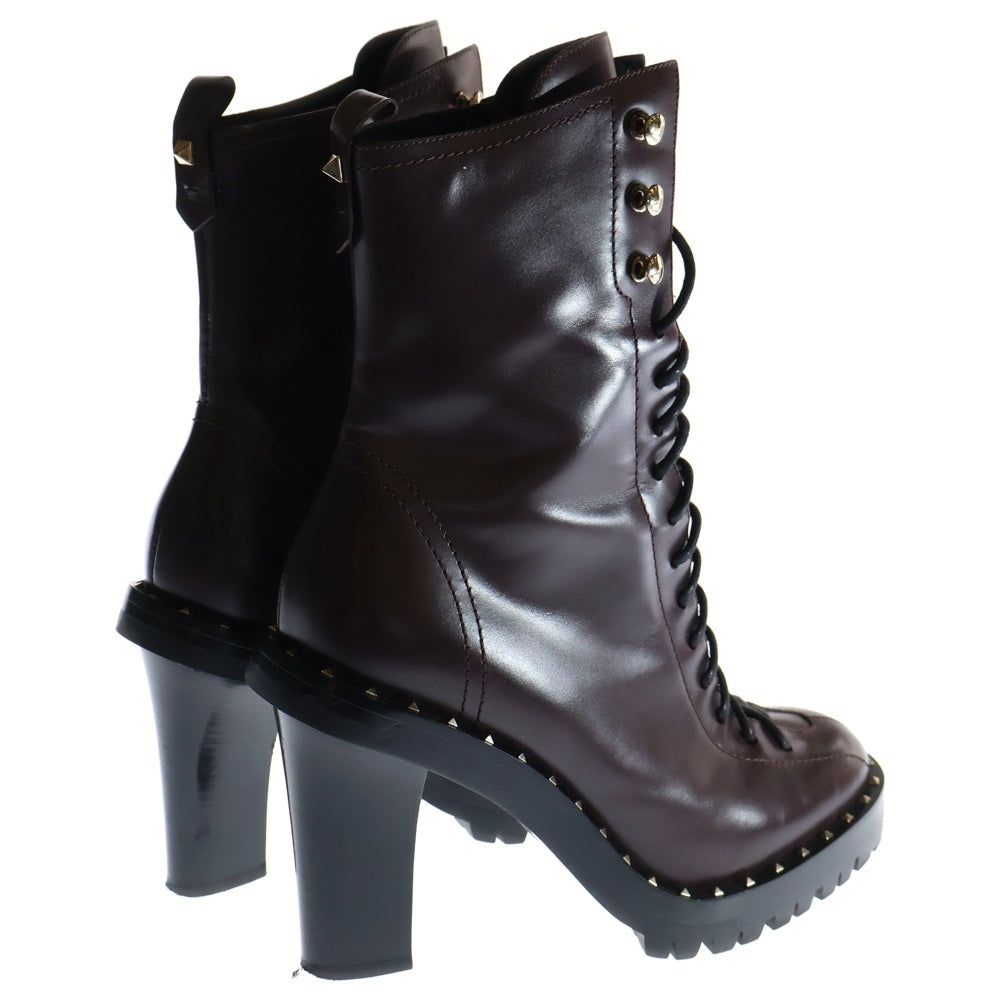 VALENTINO(ヴァレンティノ) スタッズ付レースアップロングヒールブーツ レザーシューズ ブラウン レディース