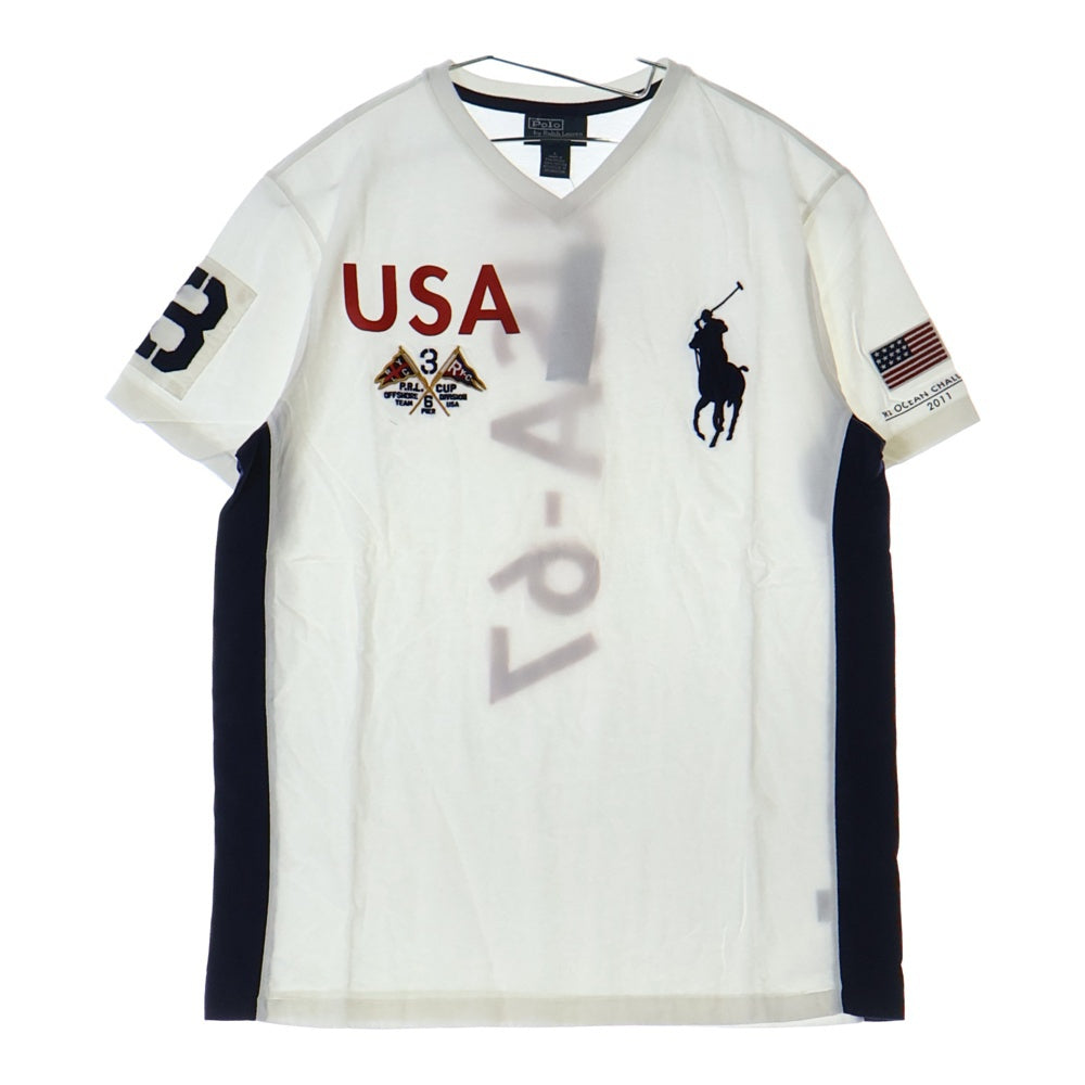 POLO RALPH LAUREN(ポロラルフローレン) ポロ刺繍 ワッペン バックプリント Vネック 半袖Tシャツ カットソー ホワイト