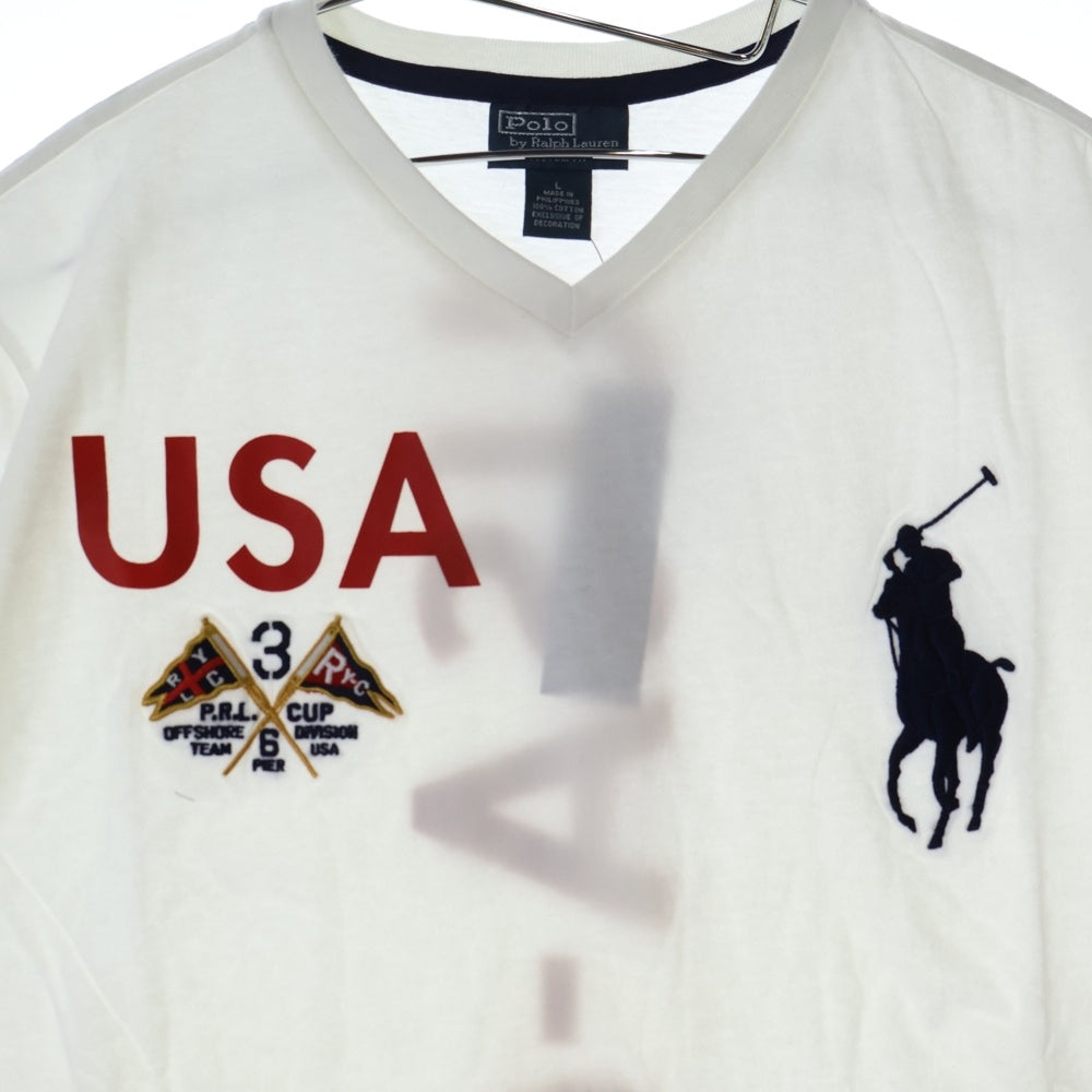 POLO RALPH LAUREN(ポロラルフローレン) ポロ刺繍 ワッペン バックプリント Vネック 半袖Tシャツ カットソー ホワイト
