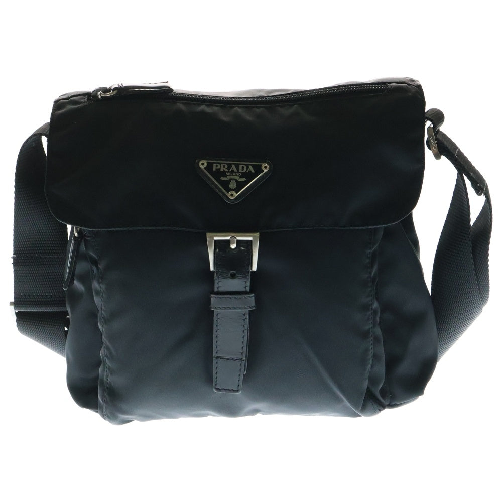 PRADA(プラダ) テスートナイロン レザー トライアングルロゴプレート ショルダーバッグ シルバー金具 ブラック B8994